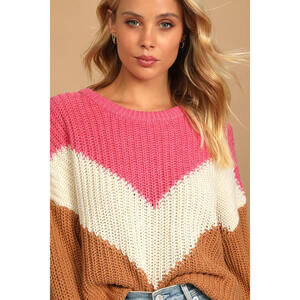 NWT Lulus Autumn Leaves Pink Multi Chevron Stripe Knit Sweater XS